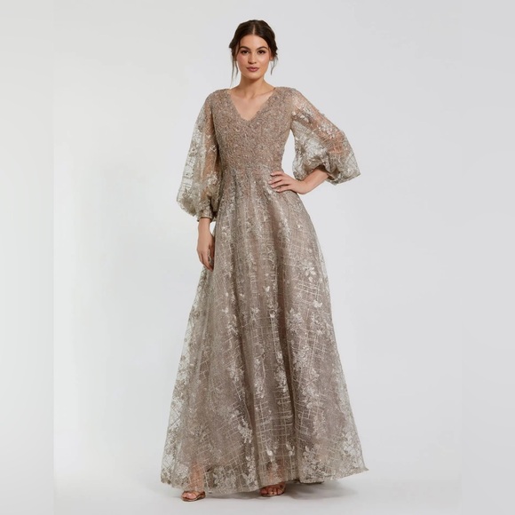Mac Duggal Dresses & Skirts - Mac Duggal Beige Embellished Plunge Neck Puff Sleeve Gown